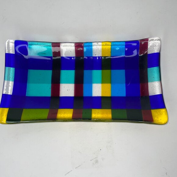 Fused Art Glass Trinket Tray Blue Yellow Check Design 7.5" X 4" - Picture 8 of 8